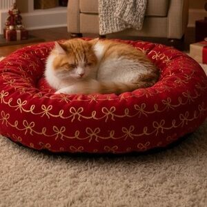 Red and Gold Bow Pet Bed